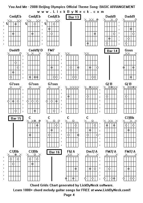 Chord Grids Chart of chord melody fingerstyle guitar song-You And Me - 2008 Beijing Olympics Official Theme Song- BASIC ARRANGEMENT,generated by LickByNeck software.